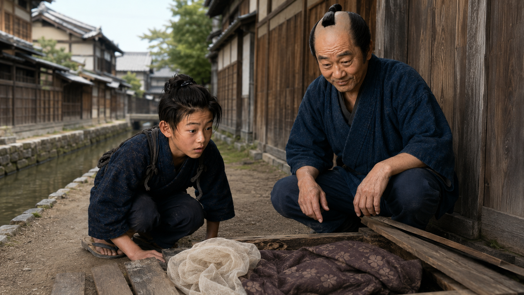 塀外の下水付近から隠された蚊帳と着物が見つかる場面