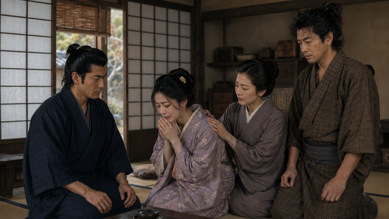 お新が平次へ弟妹のことを訴え、お静が寄り添う。