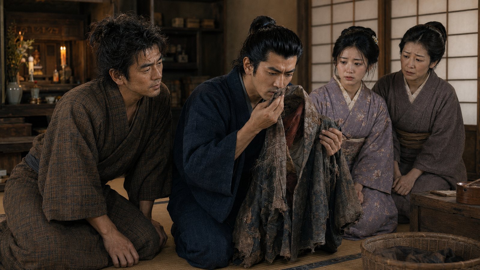 平次が信太郎の着物に残った香木の匂いを調べる。