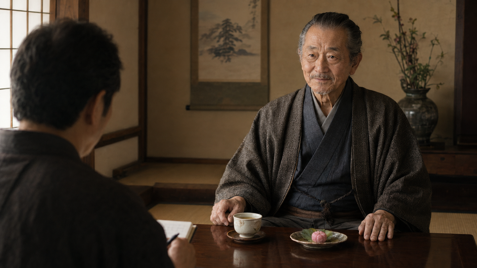 老半七が聞き手に縛られ地蔵の記憶を語り始める明治の室内
