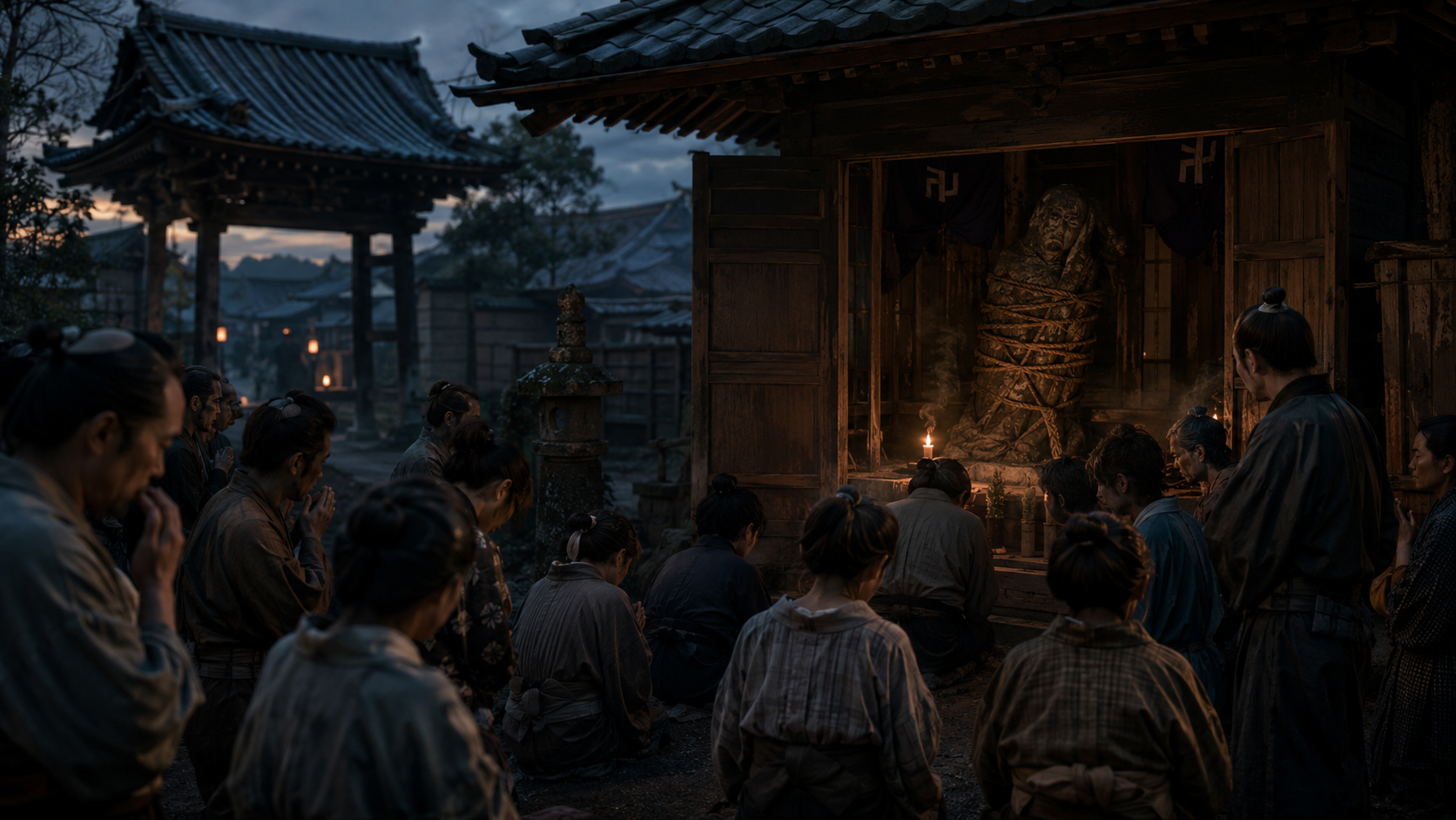 夕暮れの高源寺で人々が縄で縛られた地蔵に祈る場面