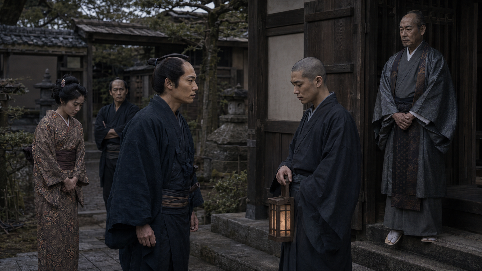寺内で了哲が駆け込み、俊乗の悲劇を知らせる場面