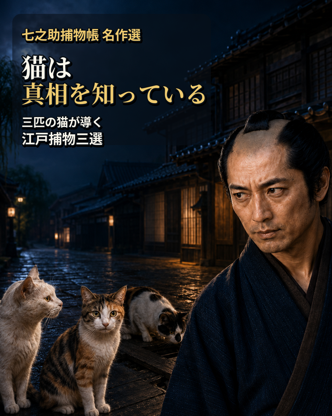 七之助と白猫・三毛猫・鼻黒猫を描いた『猫は真相を知っている』カルーセル表紙