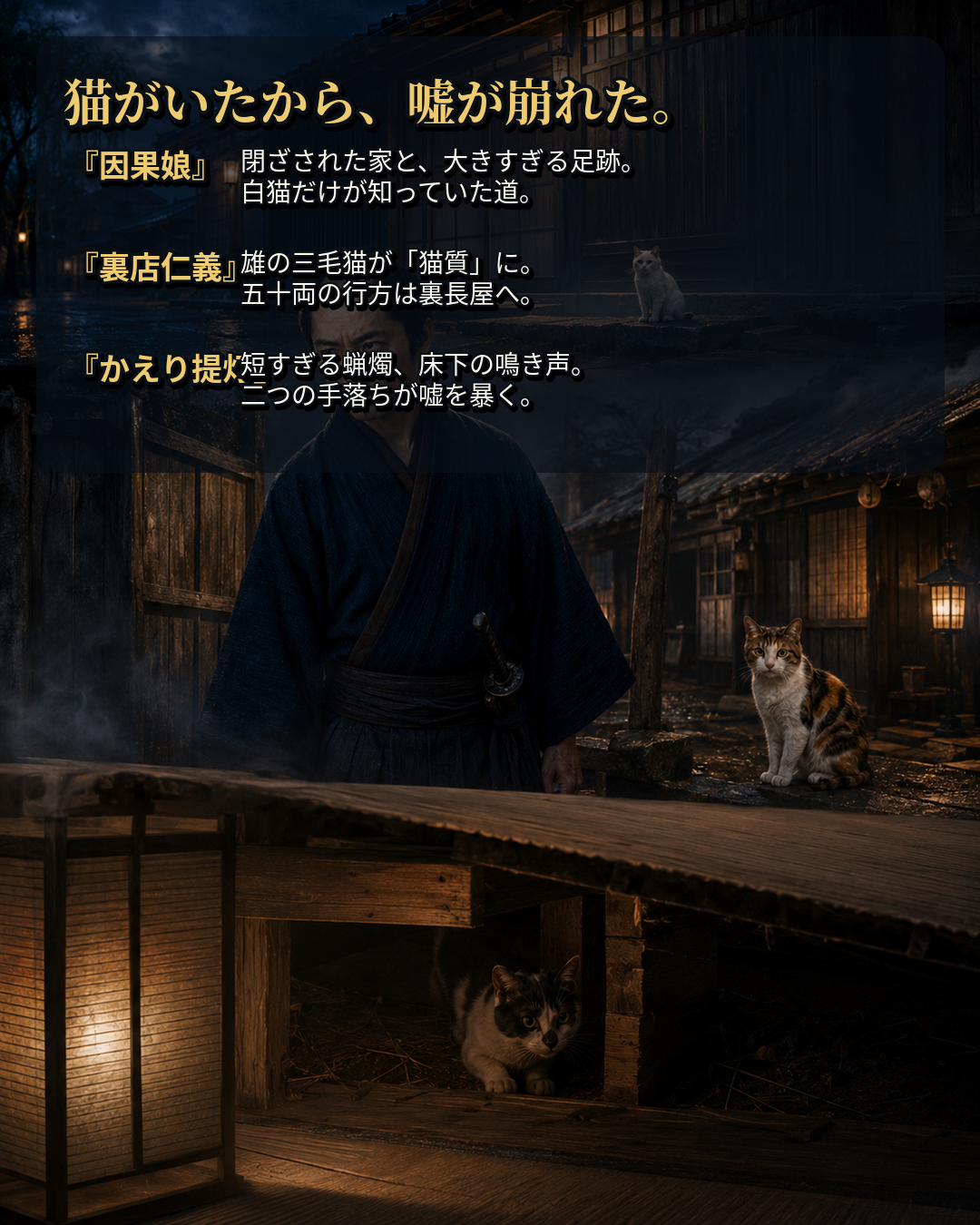 『因果娘』『裏店仁義』『かえり提灯』三つの事件を紹介するカルーセル