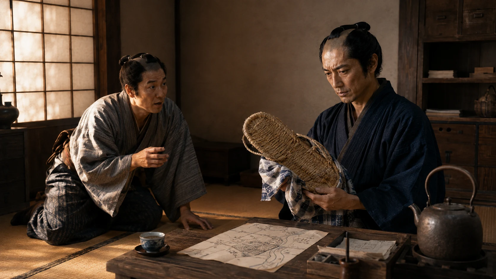 七之助が大きな草履を手掛かりに推理する場面