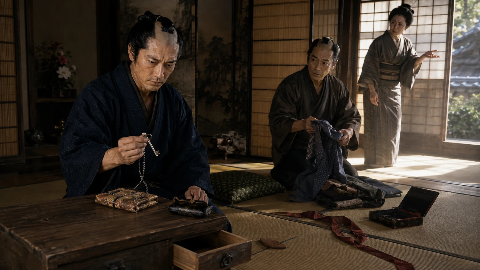 明月庵の茶の間で七之助が銀の鍵と入れ替えられた持ち物を調べる場面