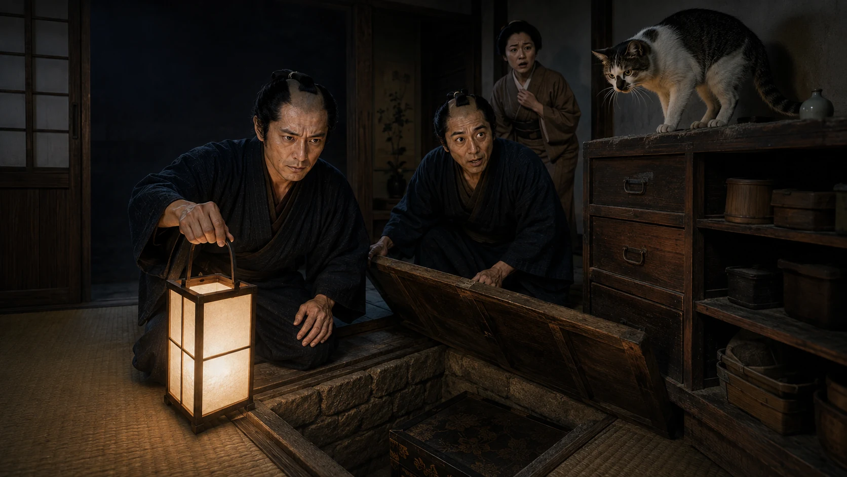 畳の下の秘密の穴蔵と鼻黒猫を七之助たちが発見する場面