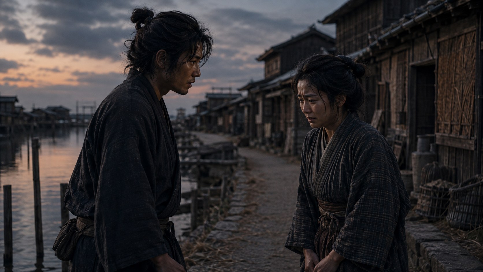 夕暮れの堀端で向き合う富次郎とおきわ