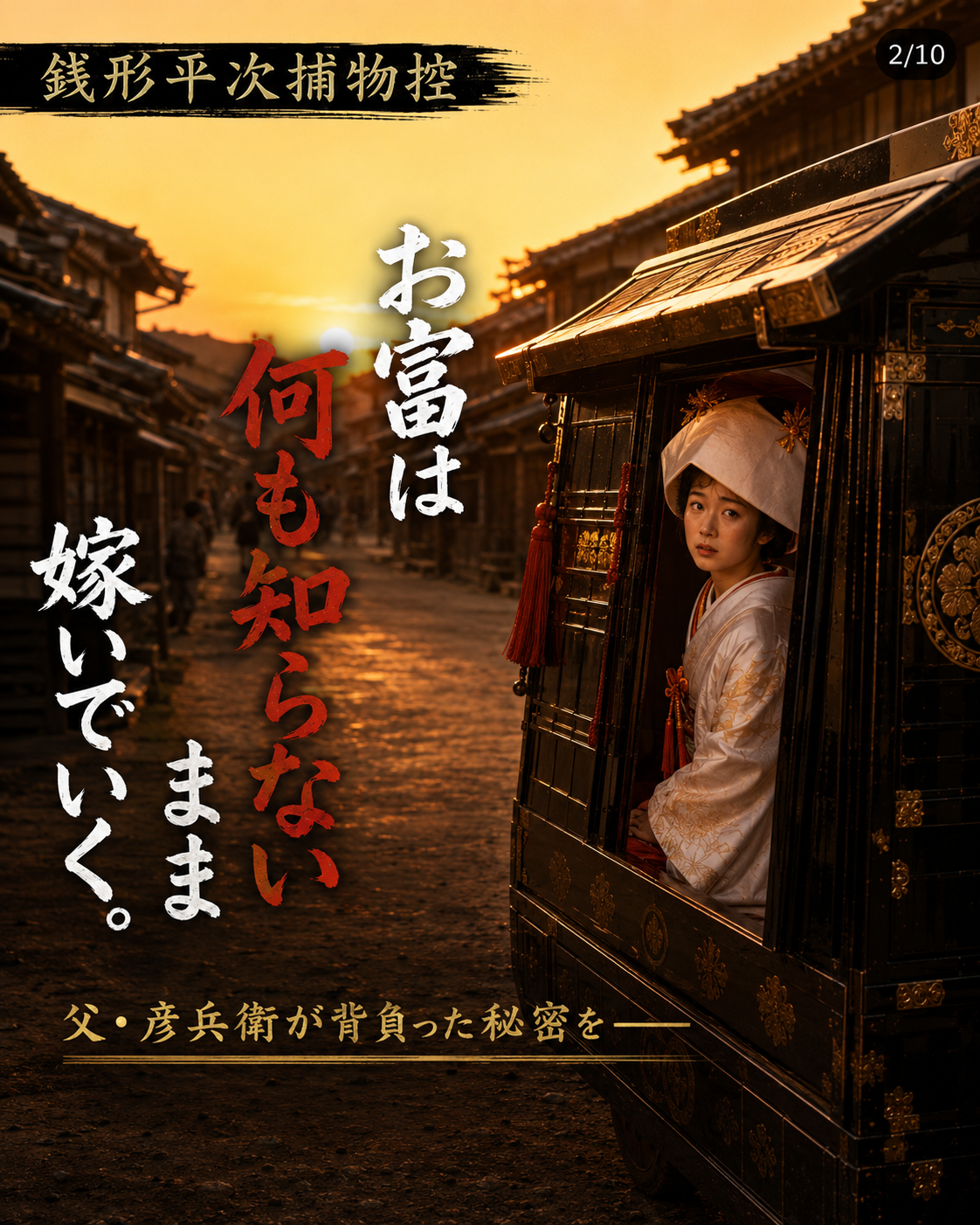巾着切りの娘 Instagramカルーセル第2枚。花嫁駕籠から振り返るお富