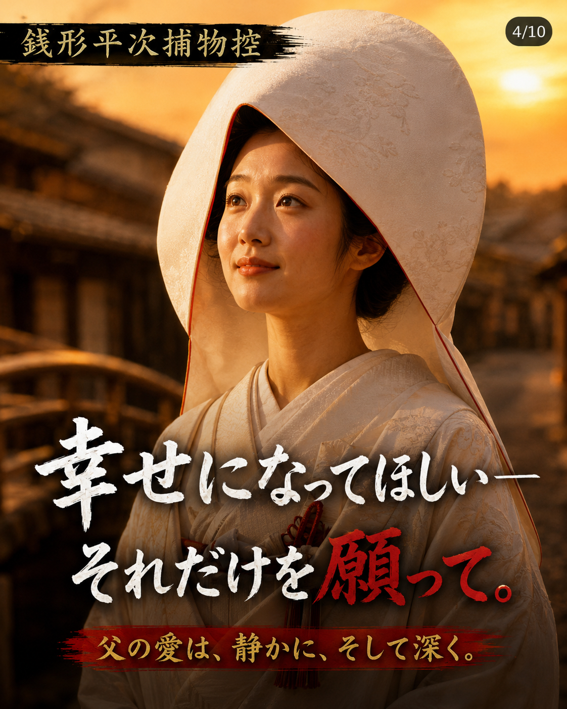 巾着切りの娘 Instagramカルーセル第4枚。白無垢姿のお富と父の願い