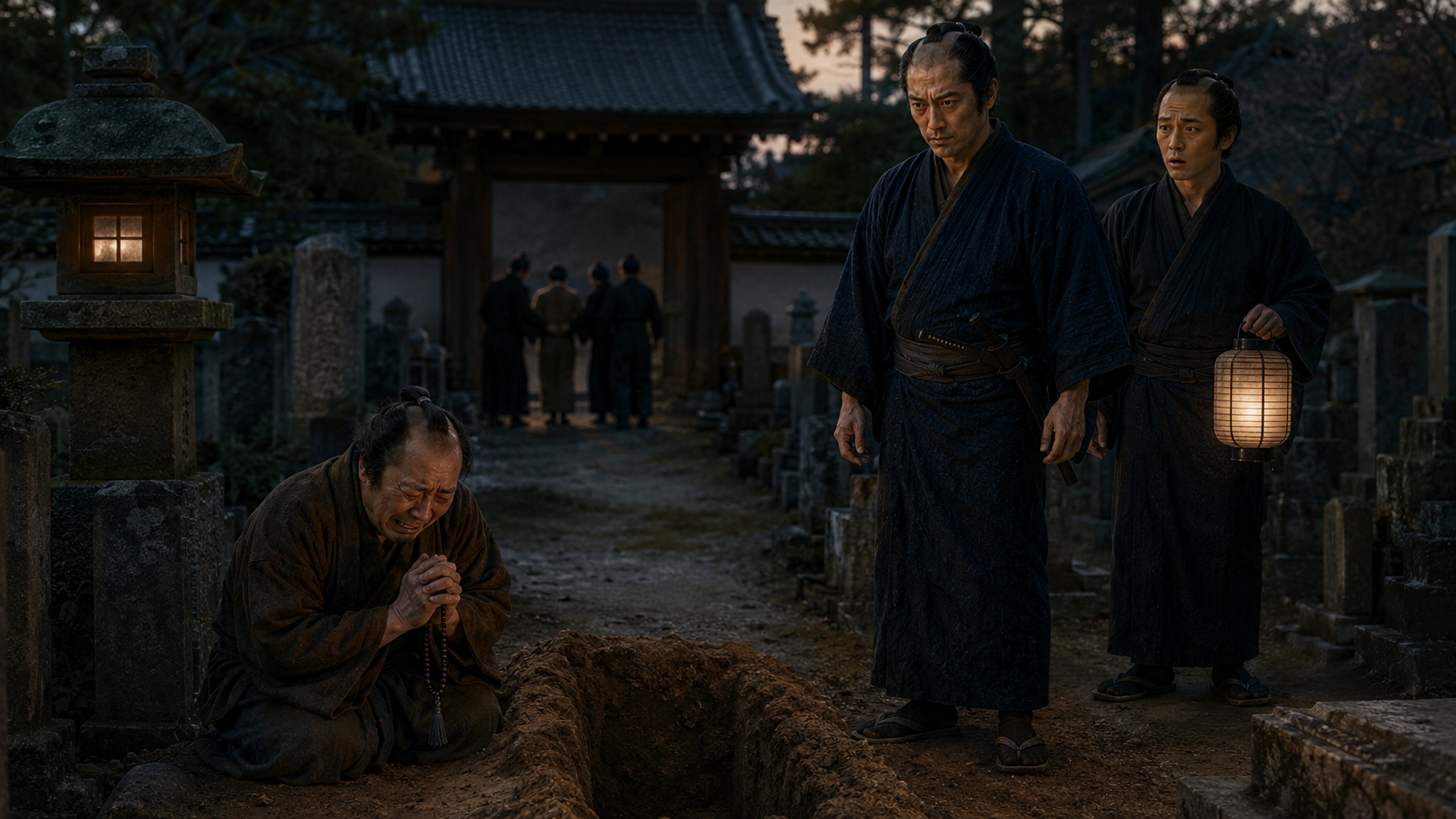 妙心寺の墓地で、七之助と音吉が掘り返された墓を調べる場面。