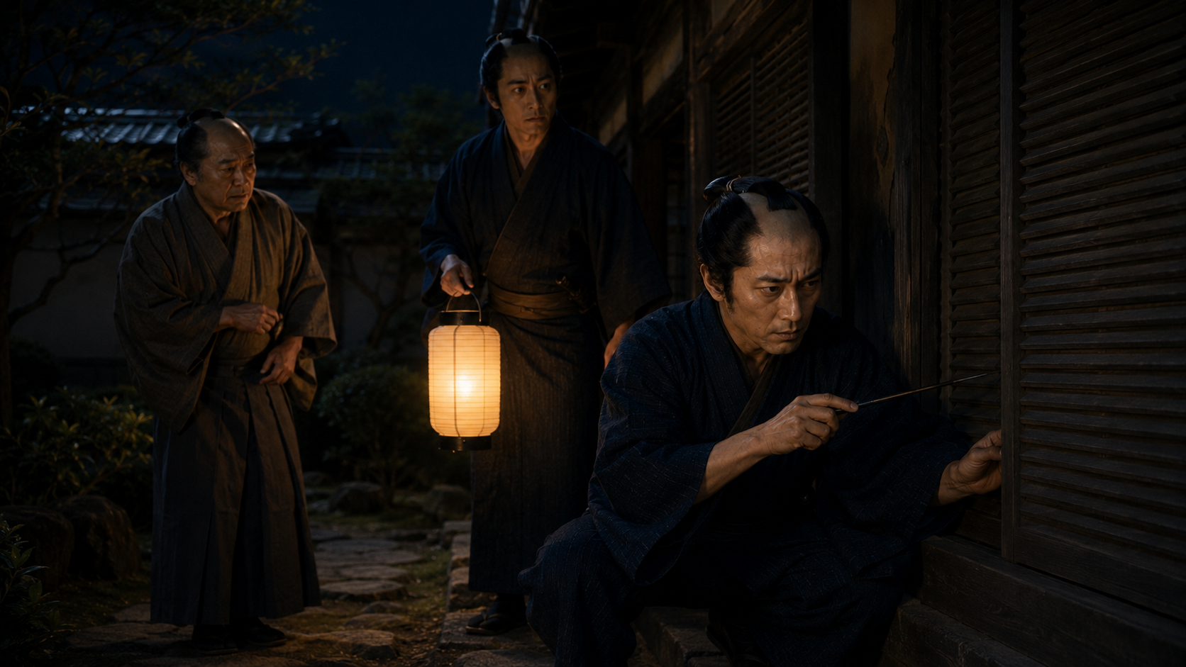 夜の人形師の屋敷で、七之助が雨戸から慎重に中へ入ろうとする場面。