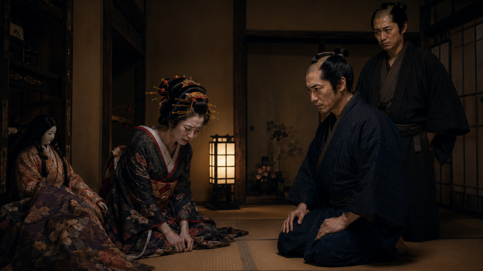 室内で君鶴が七之助に向き合い、恋と嫉妬の経緯を語る場面。