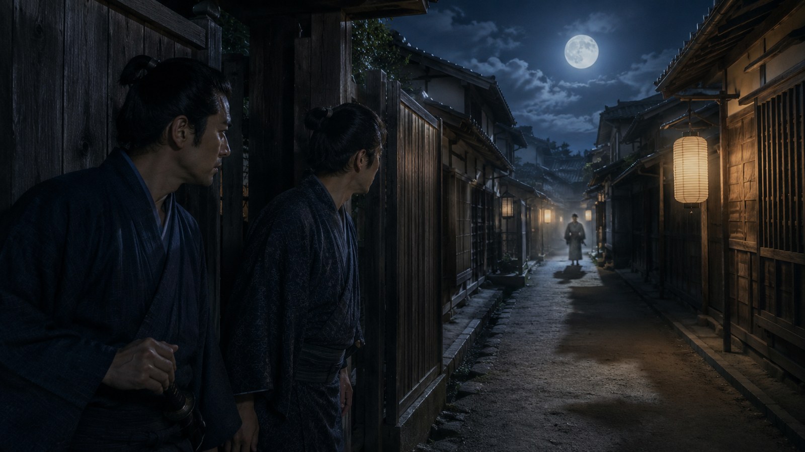 月明かりの江戸の裏路地で平次と八五郎が遠くの人影を警戒する場面