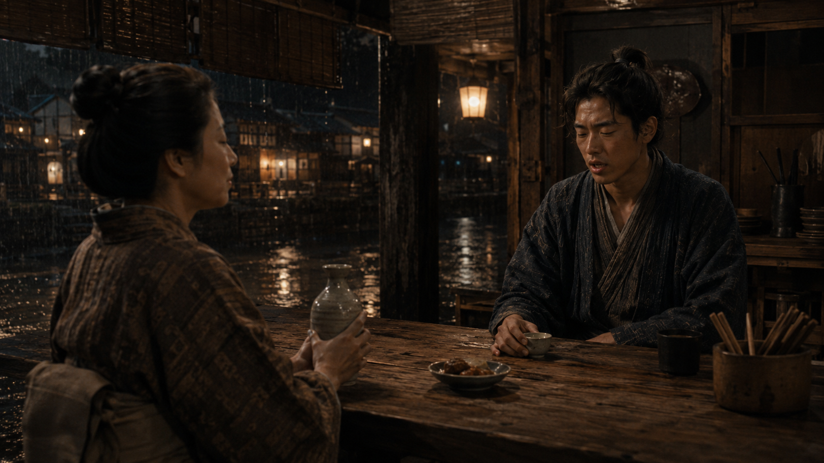 雨夜の居酒屋でおつぎと向き合う繁次