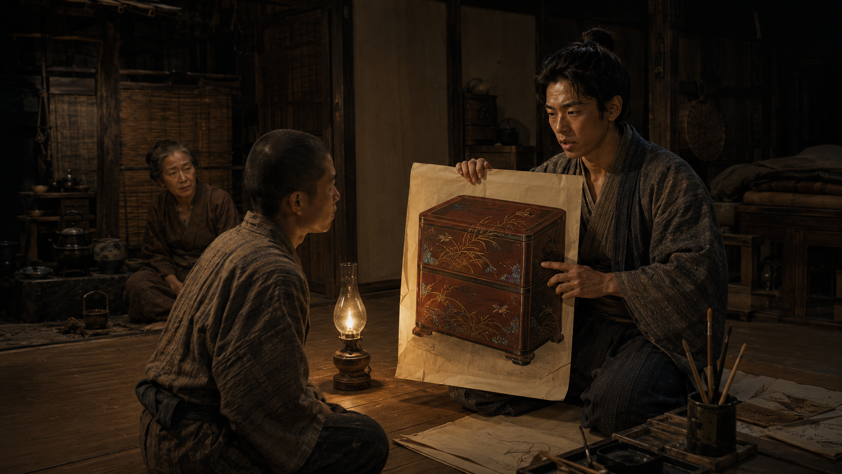 灯火の下で厨子の意匠を見せる参吉と繁次