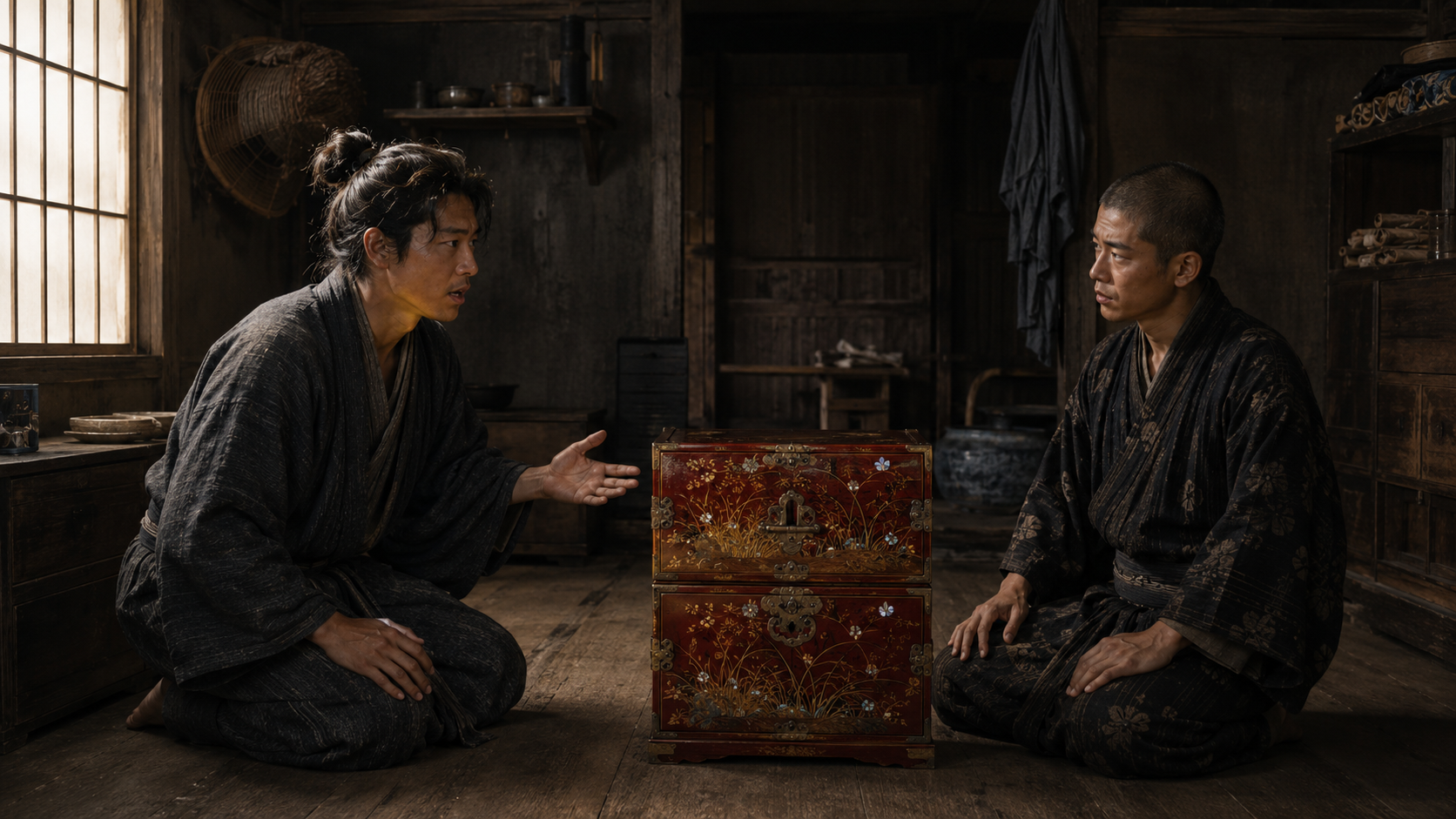 豪華な厨子を挟んで向き合う参吉と繁次