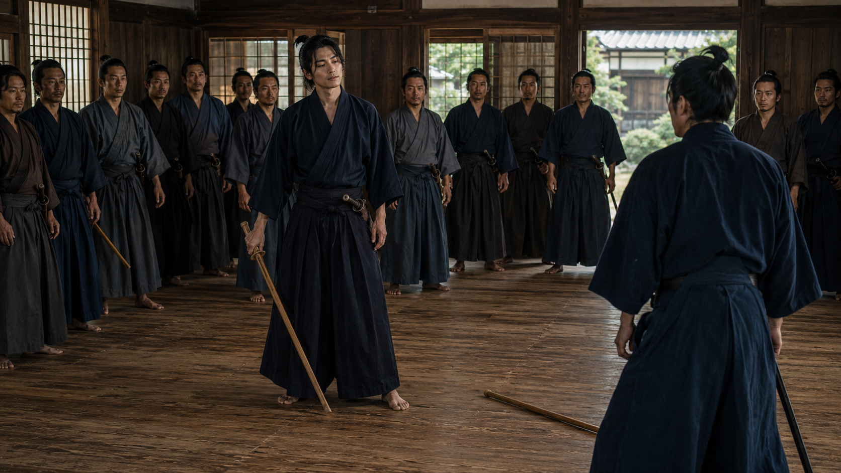 『与茂七の帰藩』場面1「白い虎」。進武館で「白い虎」と呼ばれる金吾三郎兵衛。与茂七の竹刀を投げ捨て、帰藩した野牛を待ち受ける。