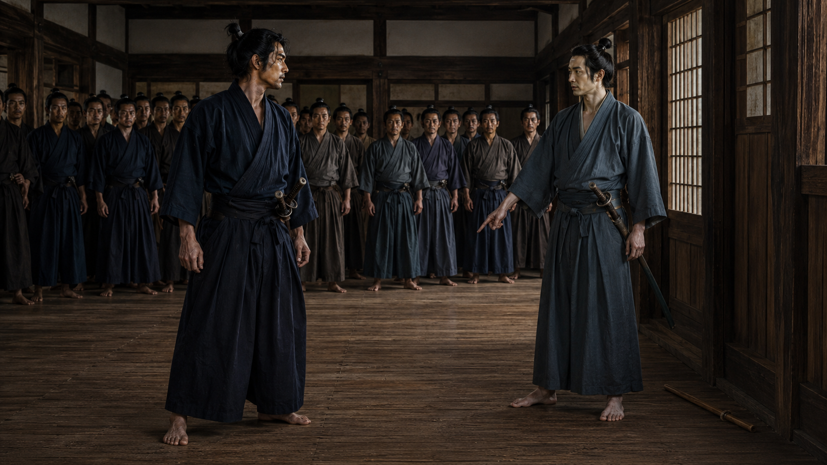『与茂七の帰藩』場面3「二人の荒武者」。進武館で与茂七と三郎兵衛が初めて向き合う。周囲の門人たちは、二人の勝負が始まると息をのむ。
