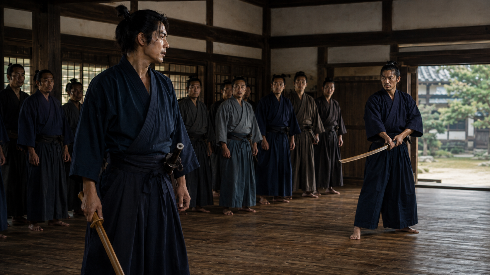 『与茂七の帰藩』場面4「逃げた与茂七」。金吾三郎兵衛と名乗られた瞬間、与茂七は勝負をやめて道場を去る。誰より喧嘩早かった男の意外な行動に皆が驚く。