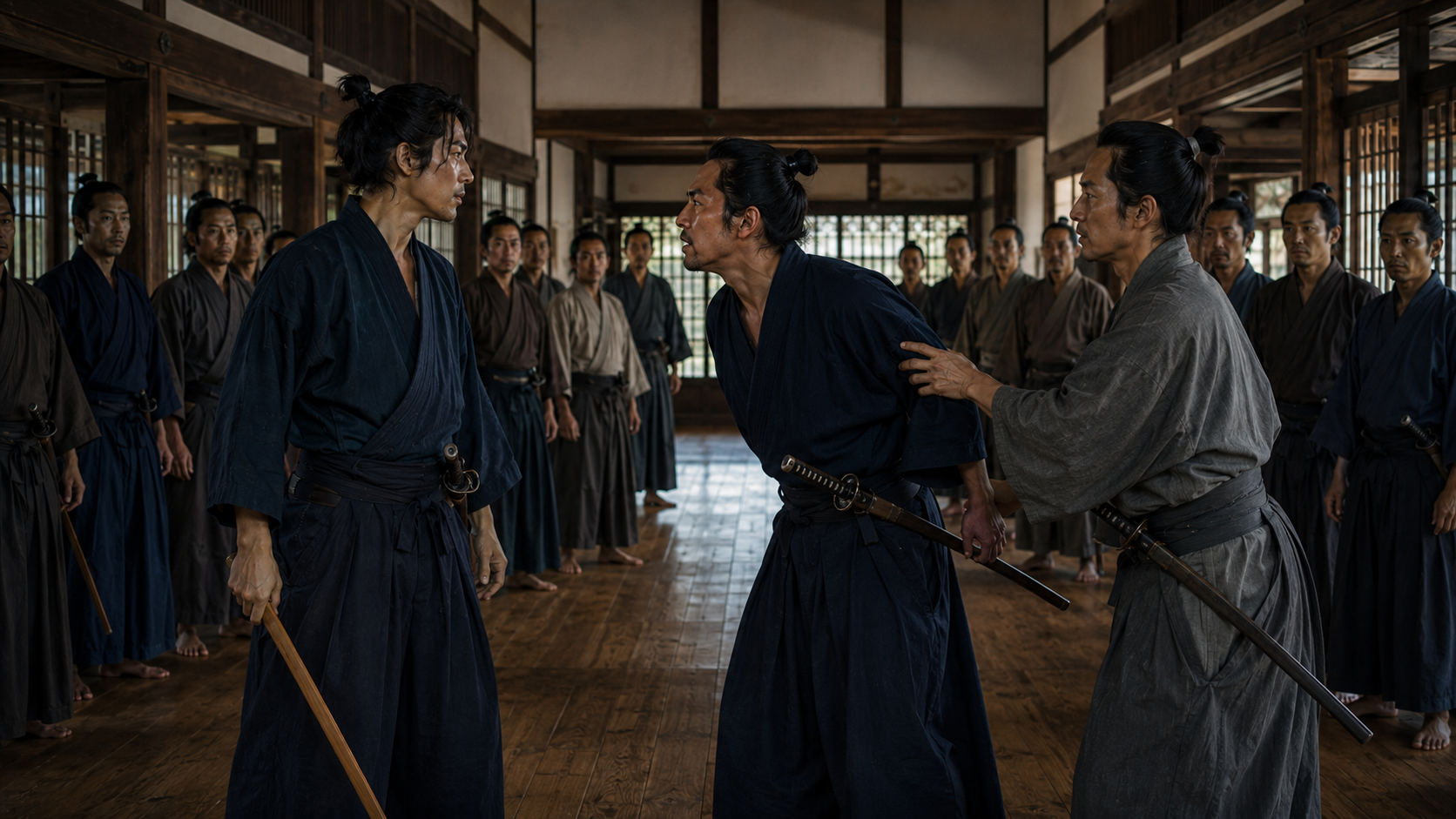 『与茂七の帰藩』場面5「城中の挑戦」。礼日の彦根城。三郎兵衛は衆人環視の中で与茂七を呼び止め、勝負を迫る。与茂七は自分の負けだと言い切る。