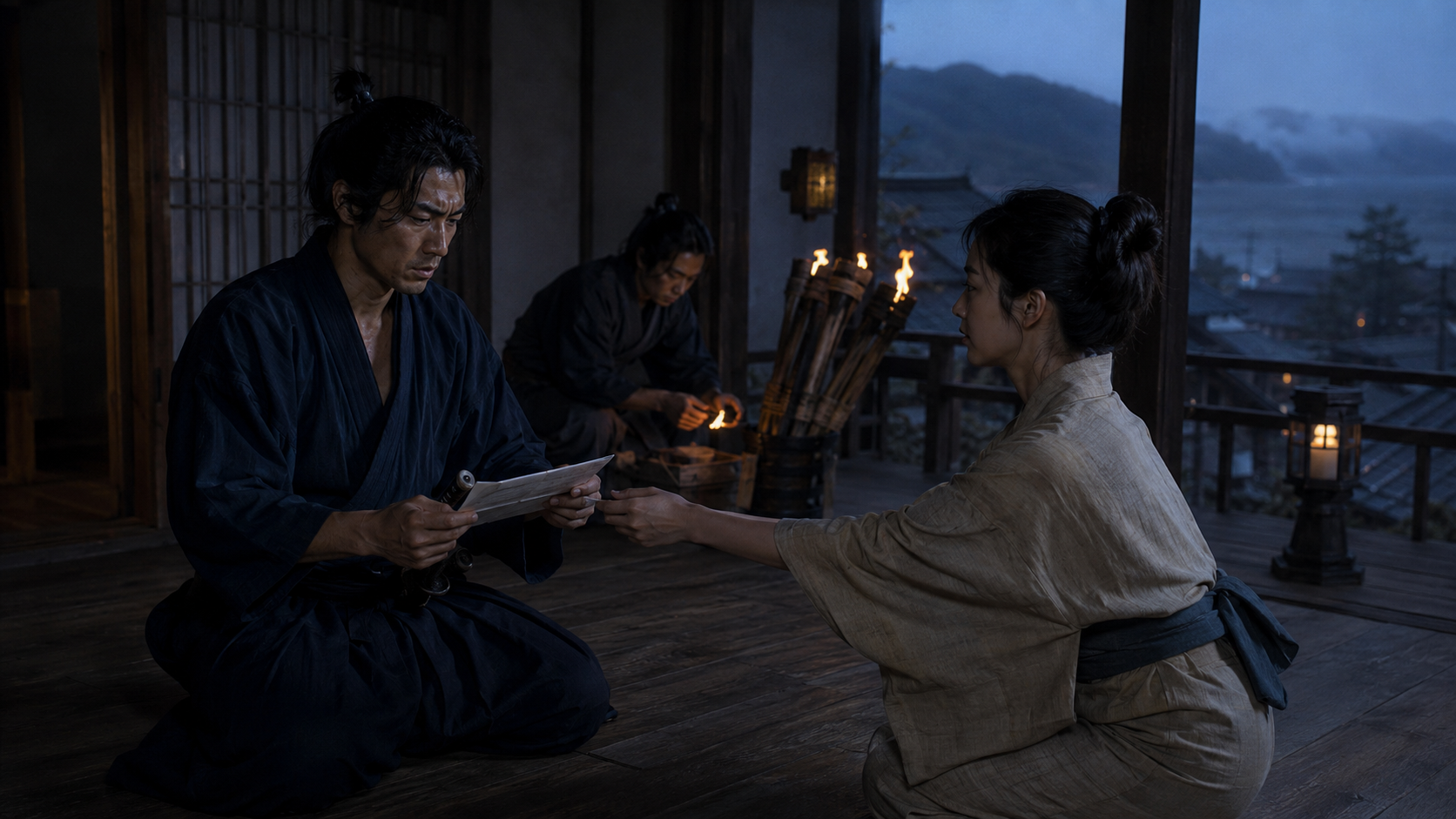 『与茂七の帰藩』場面6「松子が運んだ手紙」。夕暮れ、松子が三郎兵衛からの書状を与茂七へ届ける。そこには離縁と、松原湖畔での決闘の申し出が記されていた。