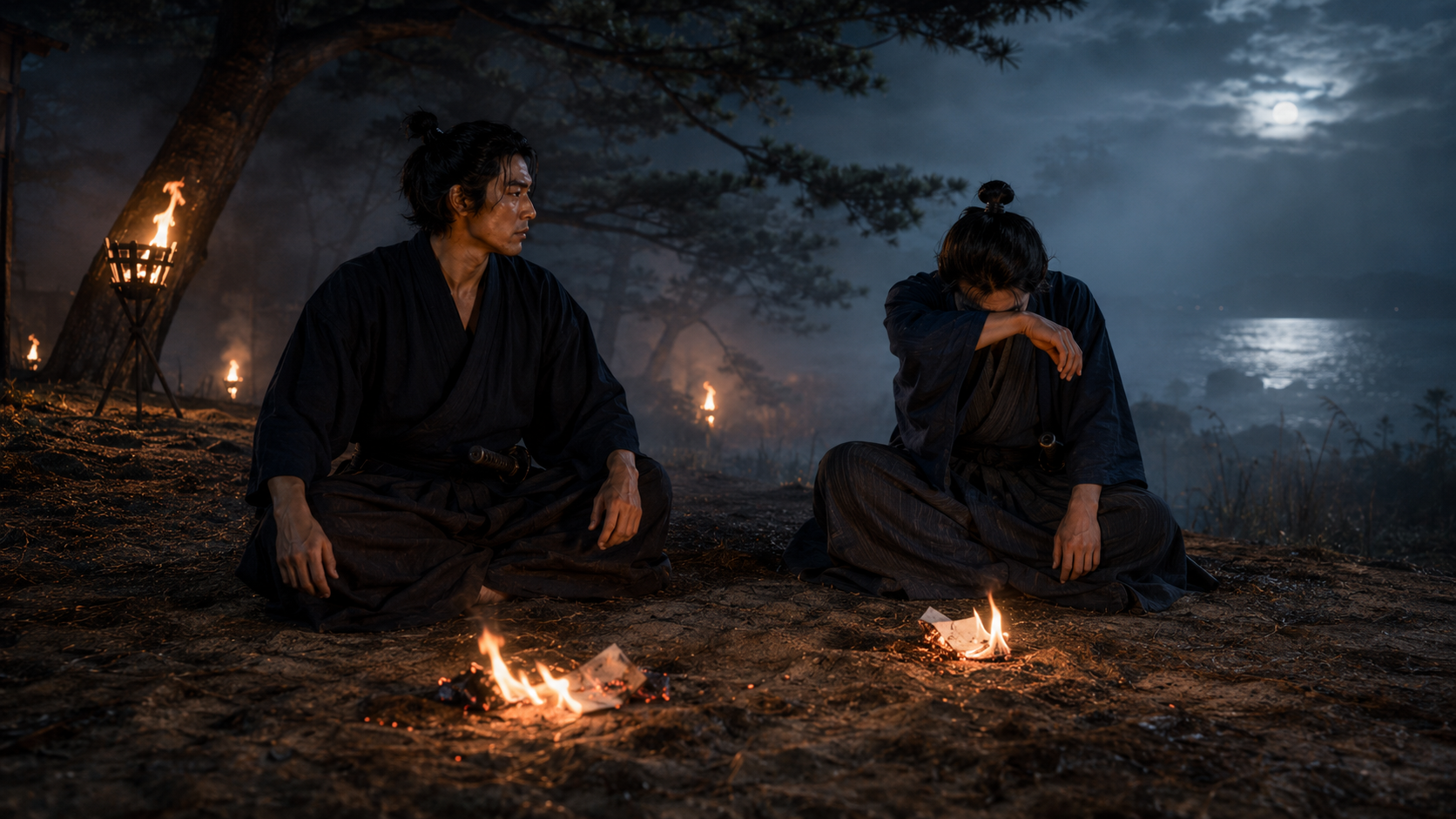 『与茂七の帰藩』場面7「霧の亀形の丘」。濃霧の湖畔で勝負を終えた二人。与茂七は、三郎兵衛の姿に二十八年間の自分自身を見たのだと明かす。