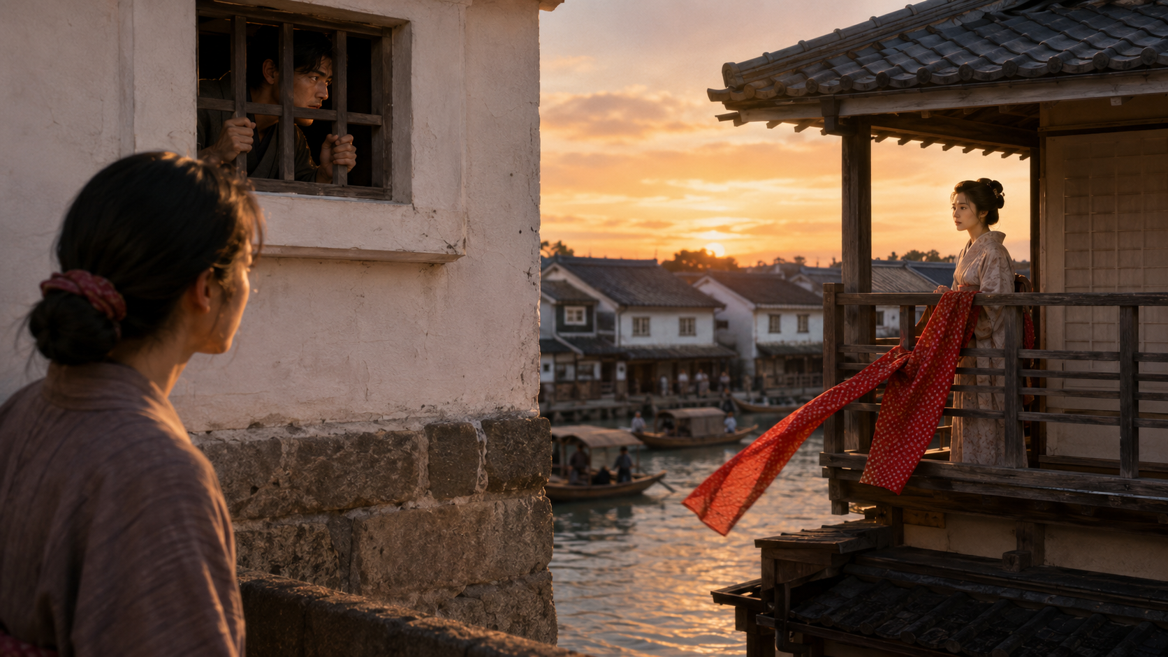 土蔵の二階から川向こうのお絹を見つめる染五郎と、夕風にはためく紅い扱帯