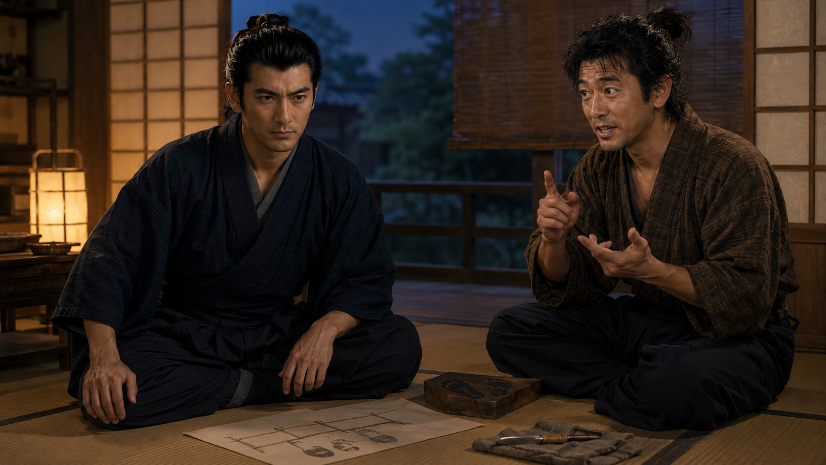 平次の家で事件の証拠を説明する八五郎と、静かに疑念を深める銭形平次