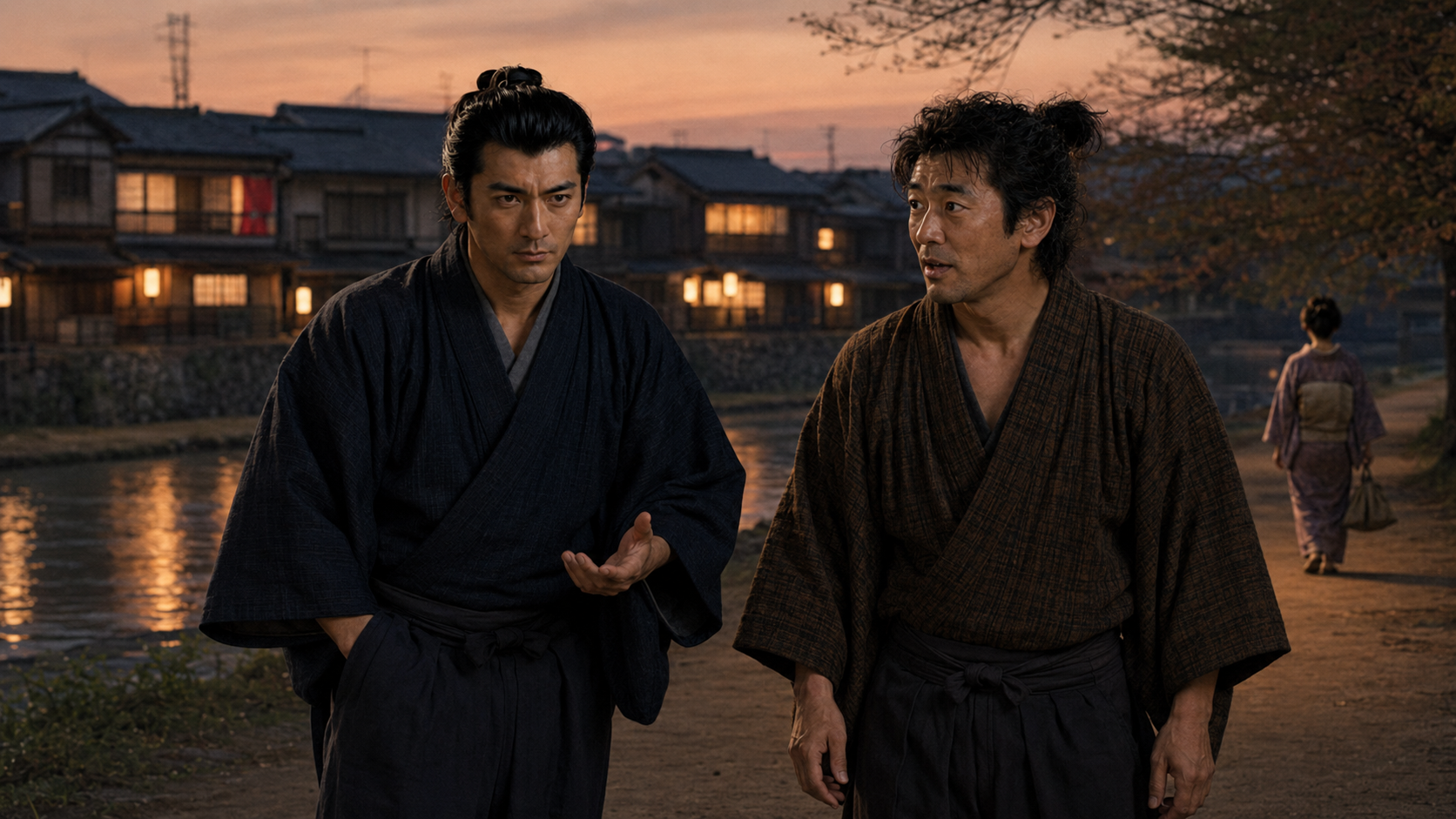 事件後の夕暮れの川辺を歩きながら語り合う平次と八五郎