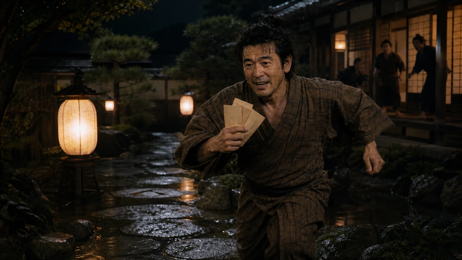 八五郎は掴んだ手掛かりを平次のもとへ運ぶ。名コンビらしい役割分担が少しずつ形になる。