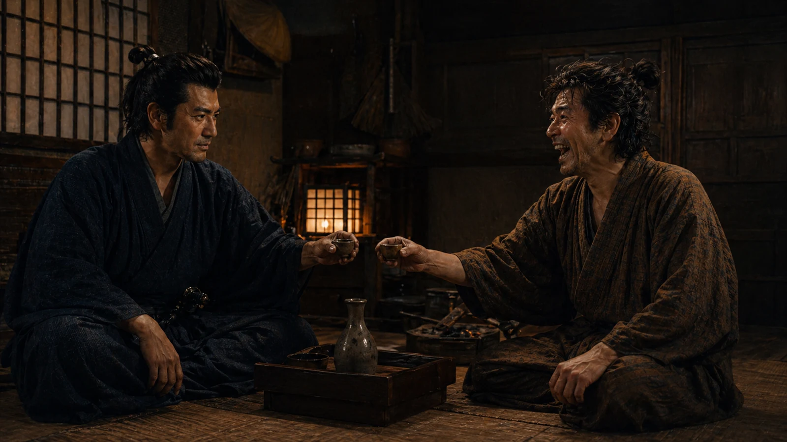 明神下で盃を交わす二人。八五郎は恋に敗れた代わりに、生涯を共にする親分・銭形平次を得る。