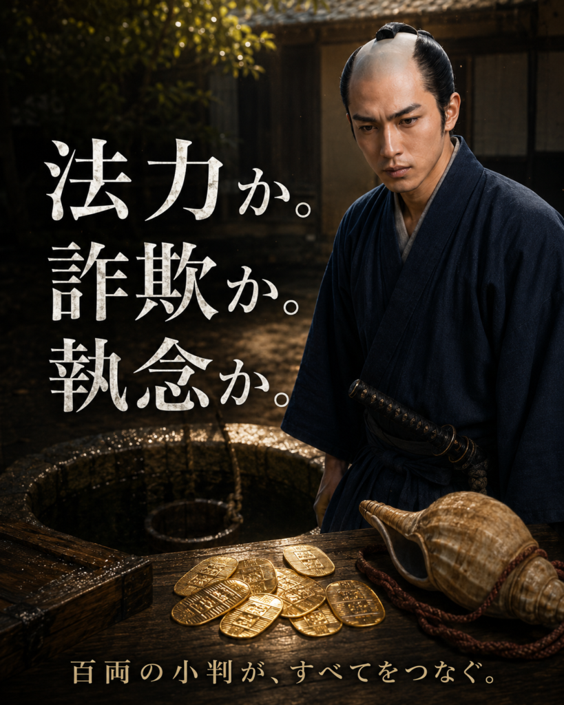 百両の小判と法螺貝を前に池田大助が考えるカード
