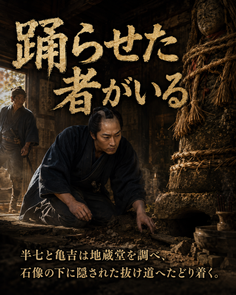 半七と亀吉が地蔵堂の抜け道を調べるカード
