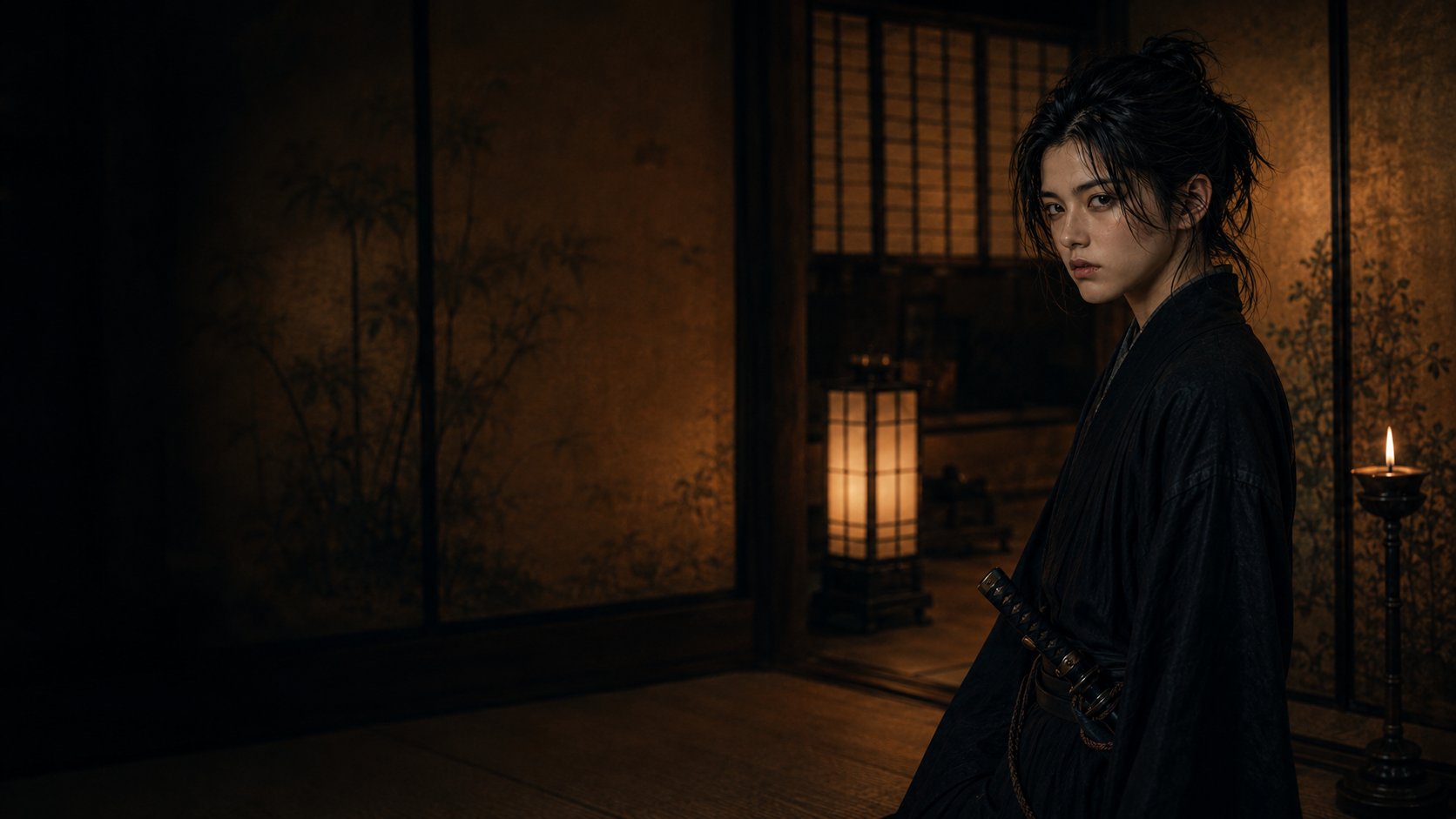 黒い武家装束の菊千代が薄暗い屋敷でこちらを見るヒーロー画像
