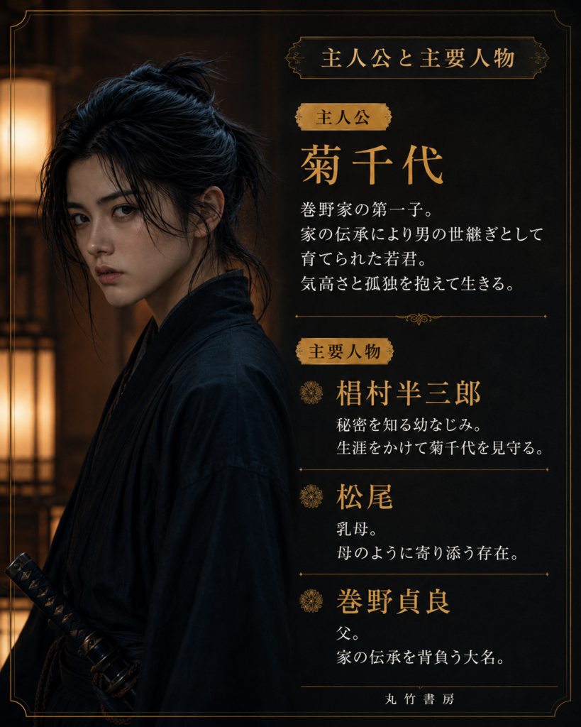 菊千代、半三郎、松尾、巻野貞良を紹介する人物カード