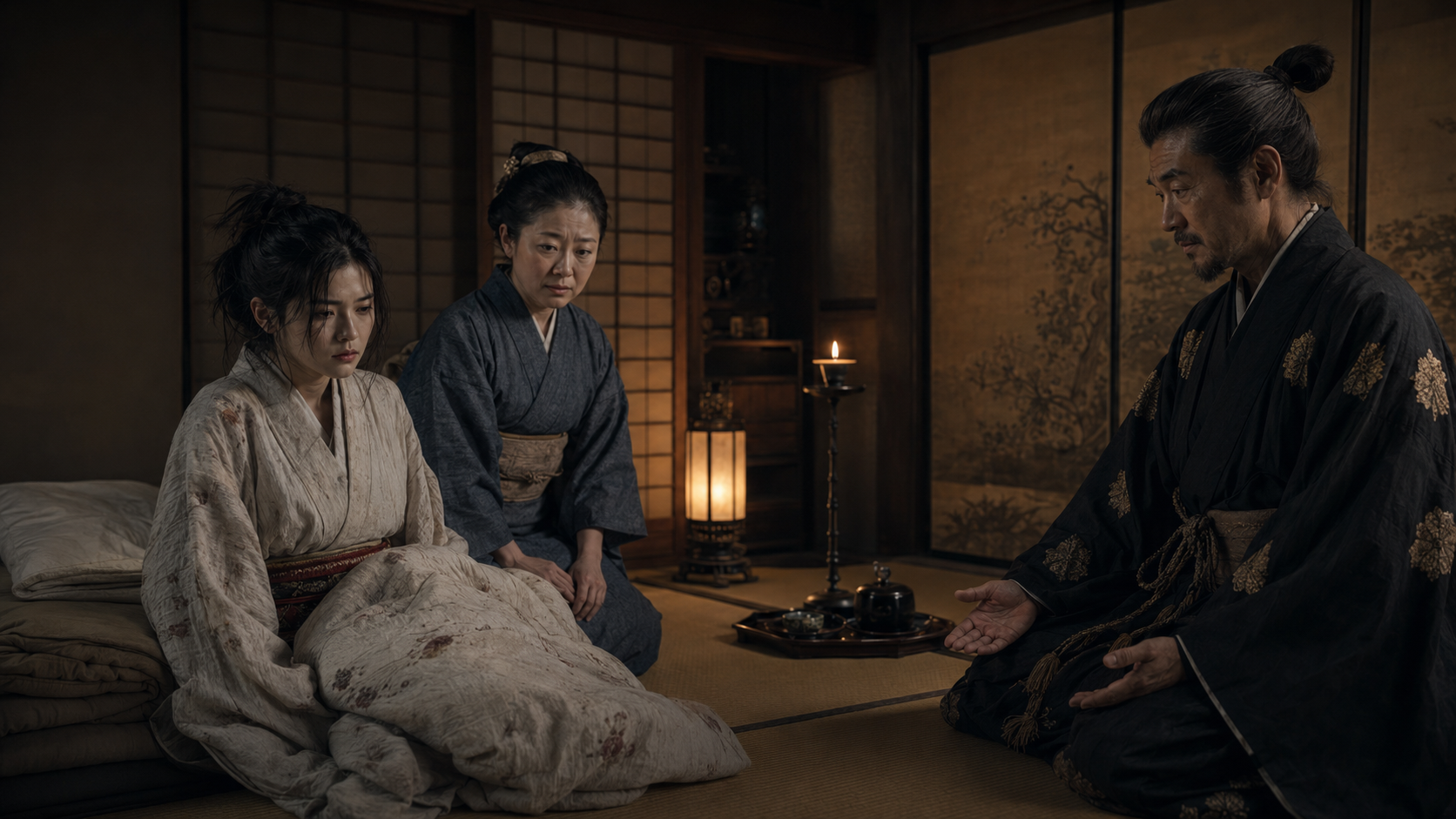 薄暗い寝間で菊千代と父、松尾が向き合う心理劇の場面