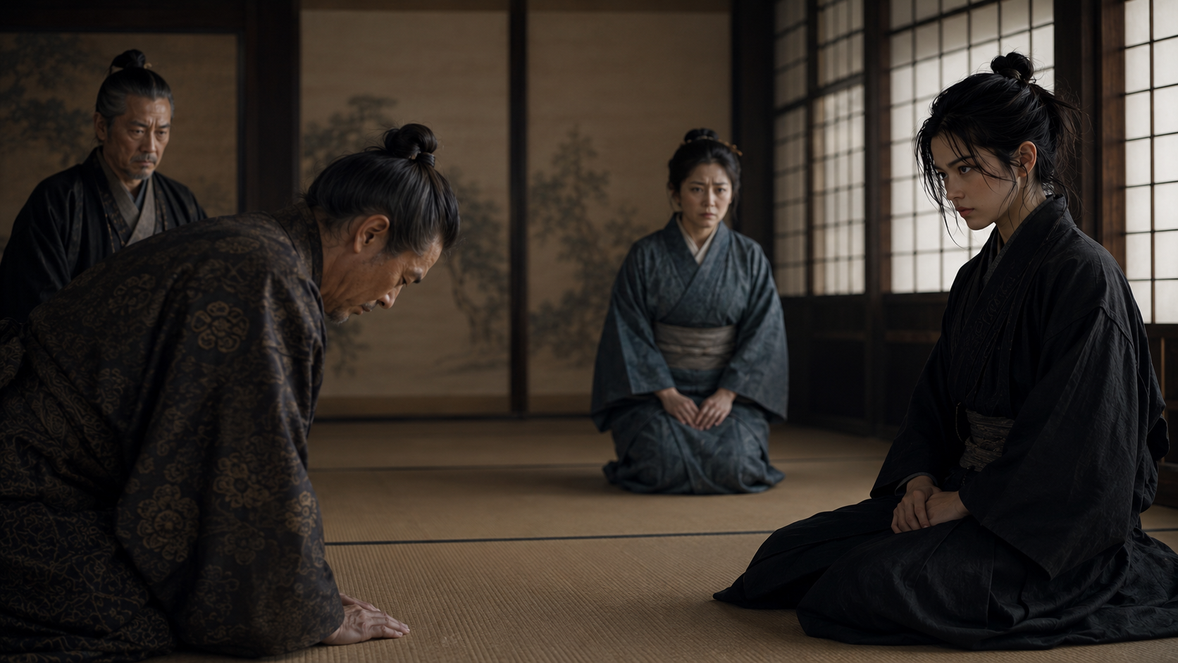 書院で菊千代が半三郎を問い詰める緊張した場面