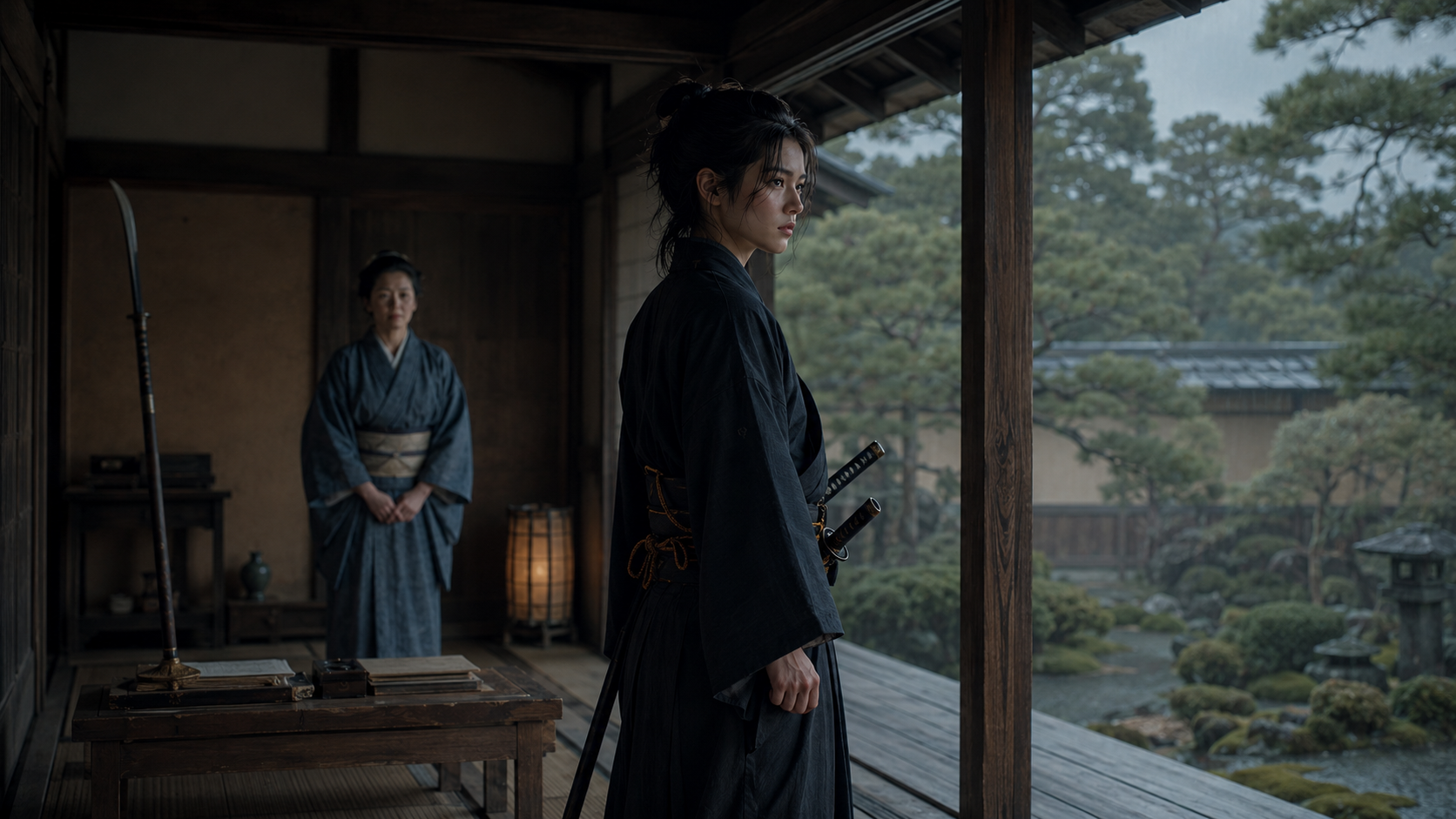 中山殿となった菊千代が静かな庭を見つめる場面
