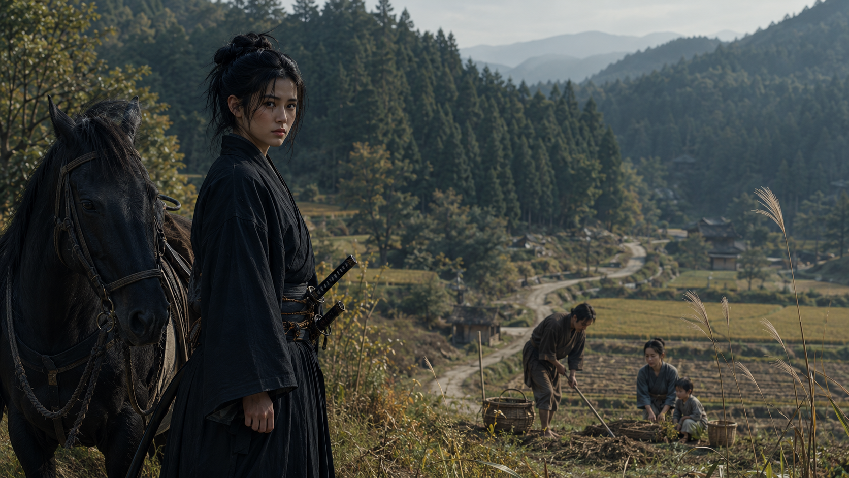 馬を連れた菊千代が山里と働く家族を見下ろす場面