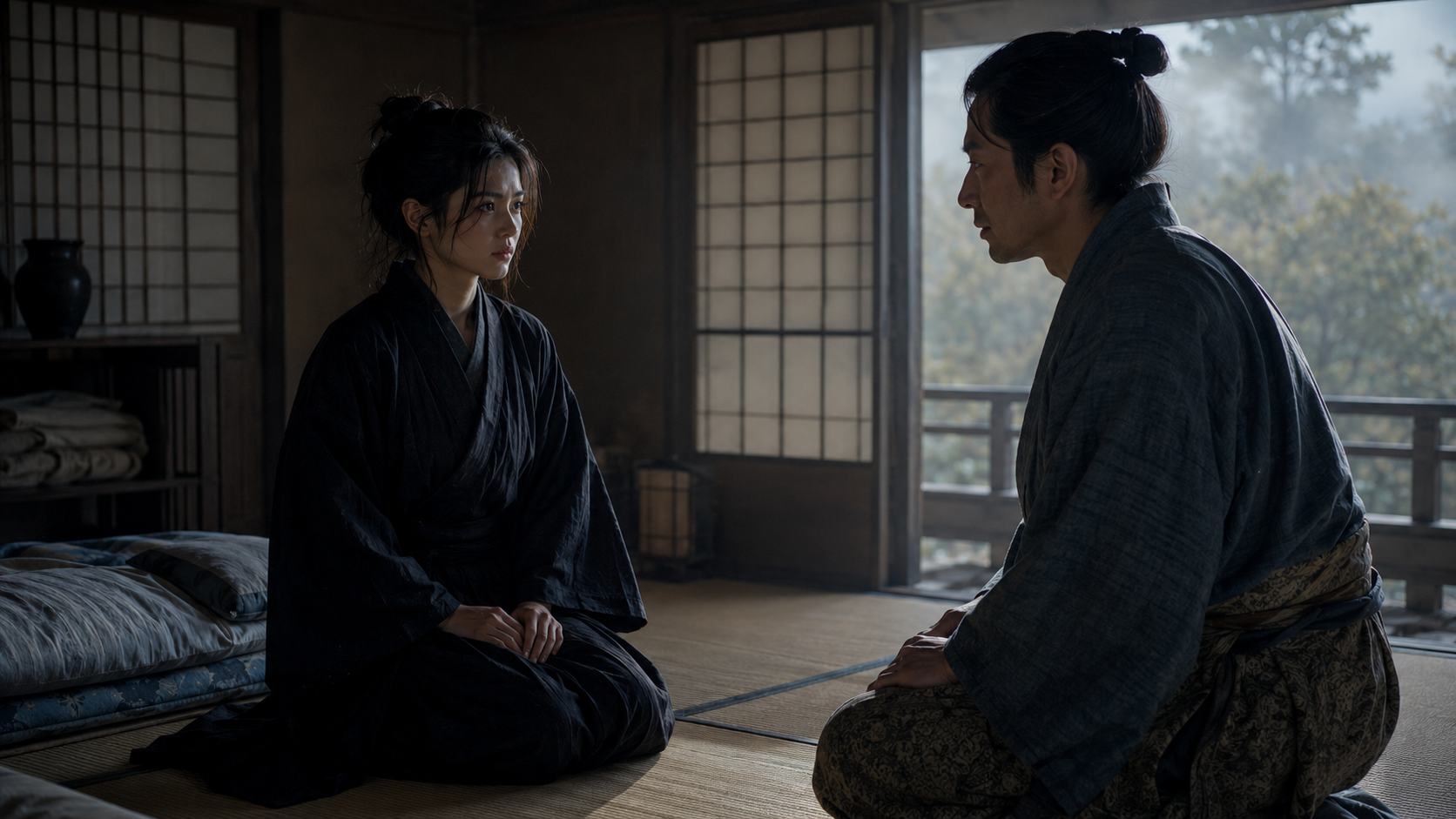 夜明けの和室で菊千代と半三郎が向き合う再会の場面