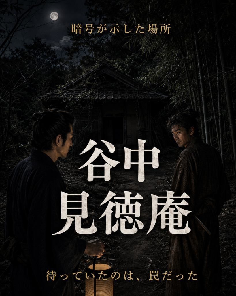 月明かりの竹林に建つ荒れた見徳庵へ近づく平次と八五郎