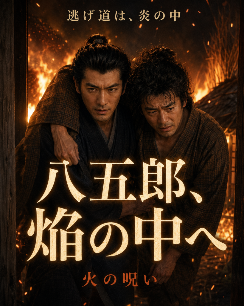 燃える庵から互いを支えながら脱出する平次と八五郎