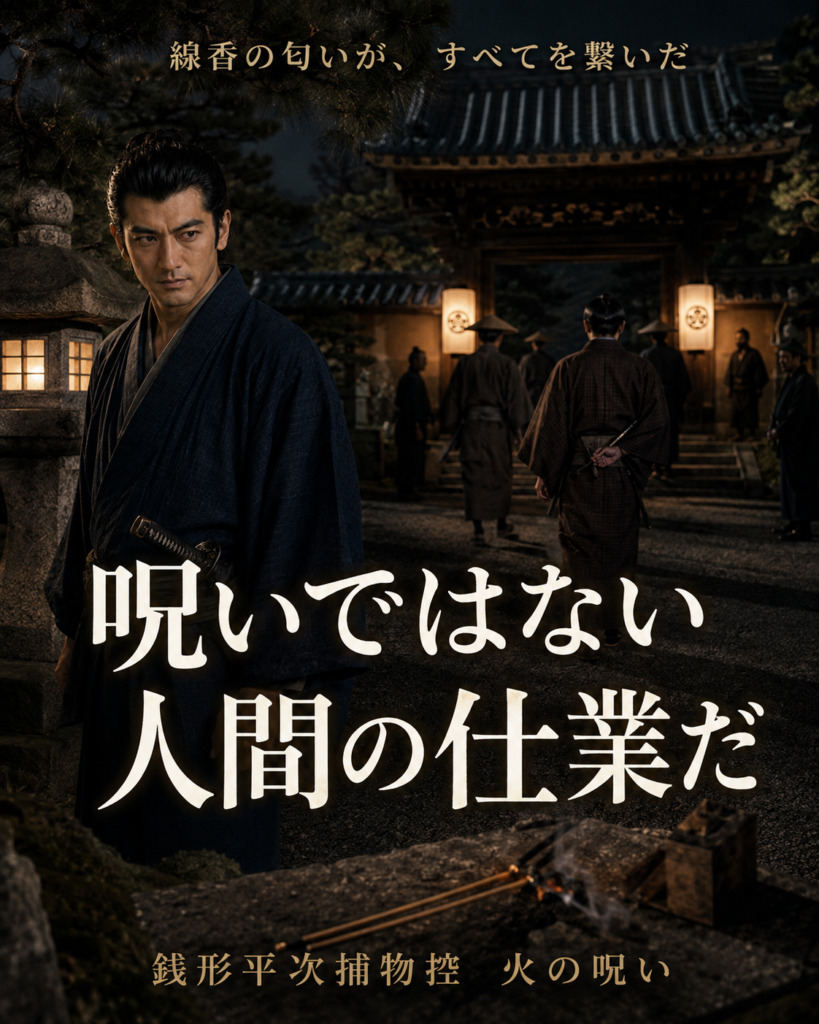 寺の境内で平次が不審な動きを見張る「火の呪い」終幕カード