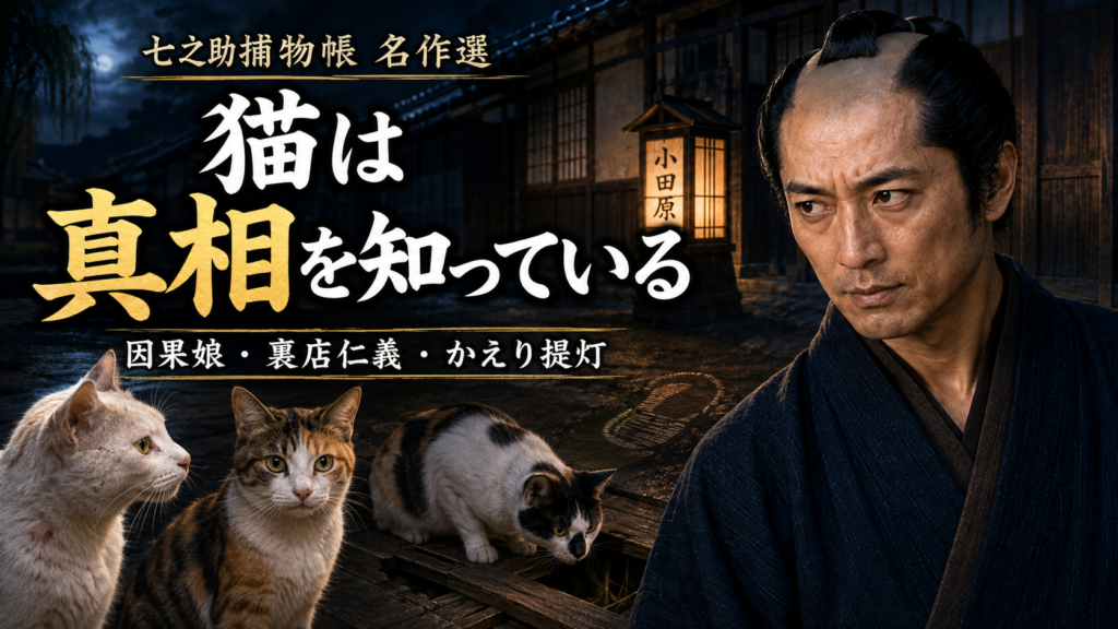 七之助と三匹の猫を描いた『猫は真相を知っている』七之助捕物帳名作選のアイキャッチ
