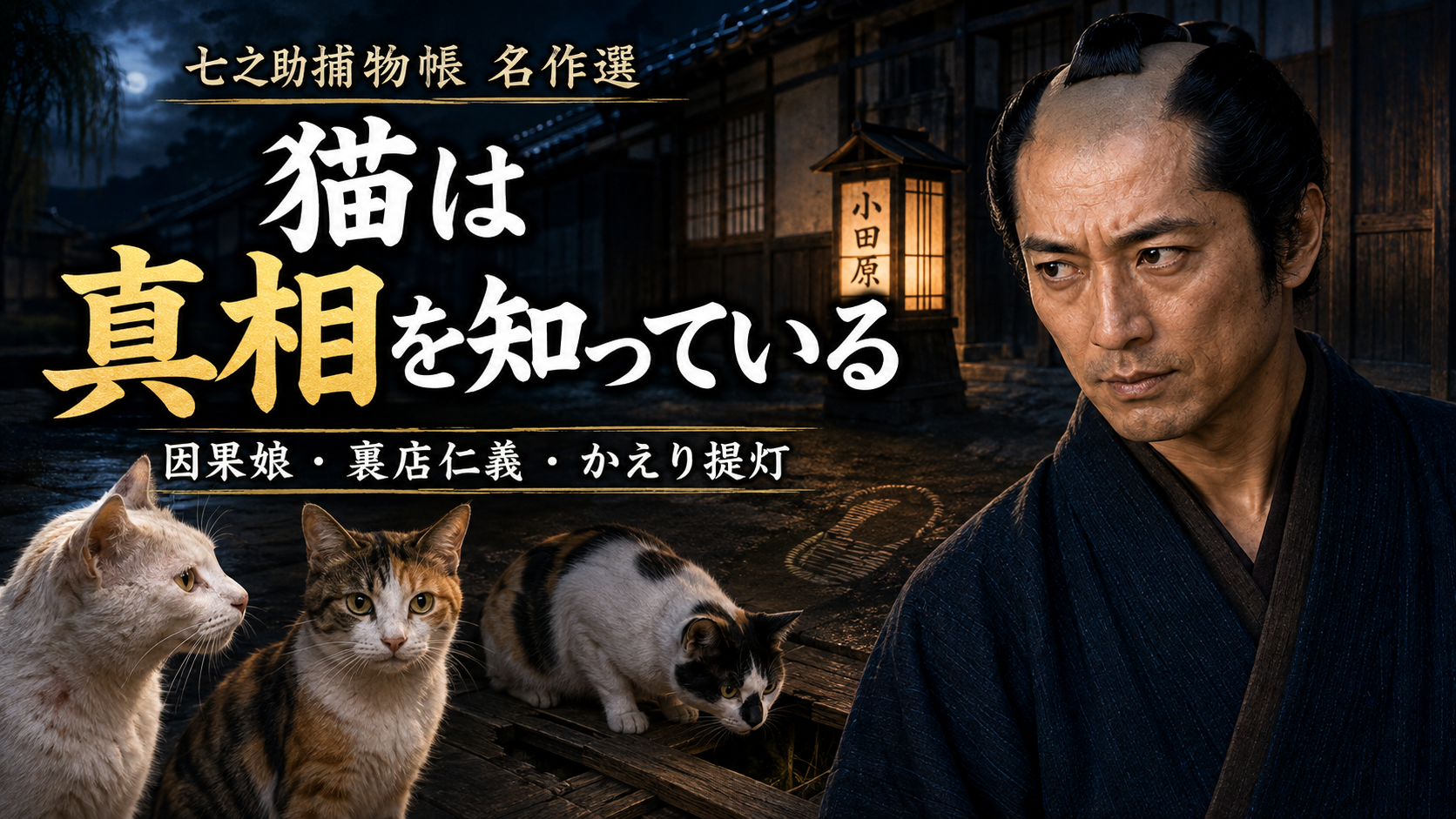 七之助と三匹の猫を描いた『猫は真相を知っている』七之助捕物帳名作選のアイキャッチ