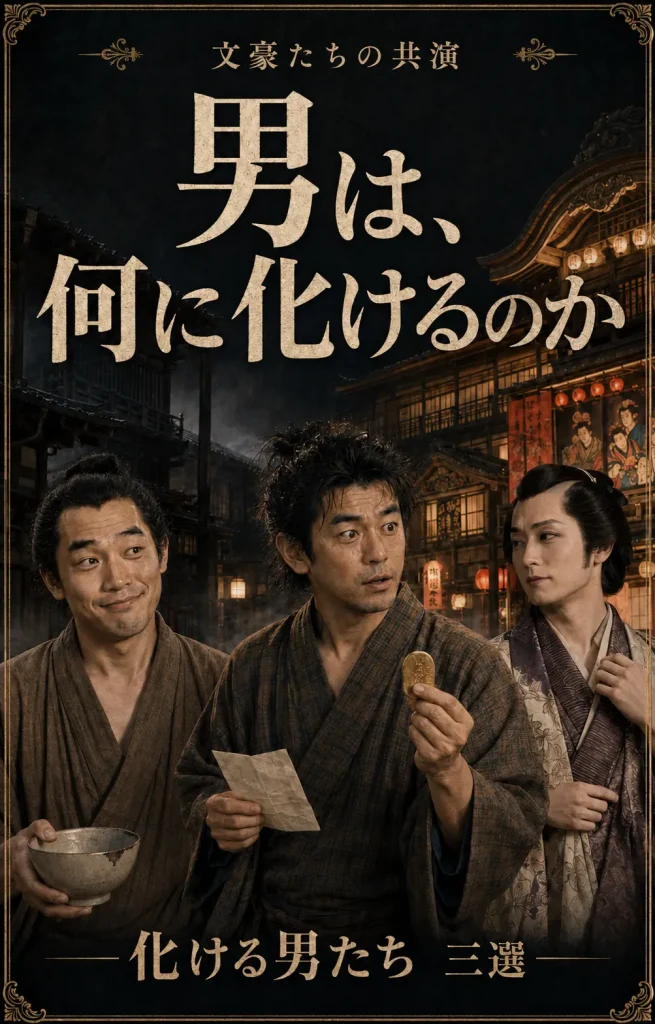 又平、八五郎、七化け役者が並び、男は何に化けるのかと問いかける表紙