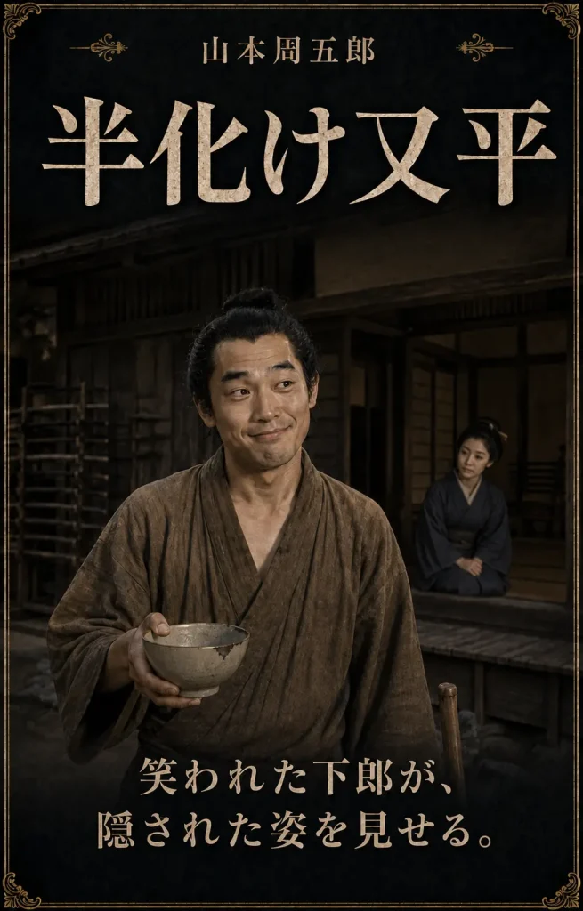 八重樫道場の前で欠け茶碗を持ち、笑みを浮かべる下郎の又平と奥に座る椙江
