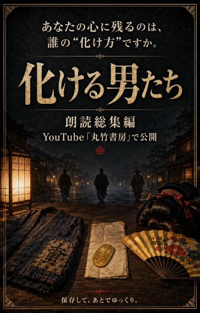 半纏、紙片と小判、女形の鬘と扇を机に置き、三人が江戸の夜へ去る締めの画像