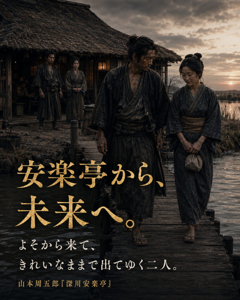 「安楽亭から、未来へ。」と橋を渡る富次郎とおきわの縦型ストーリーカード